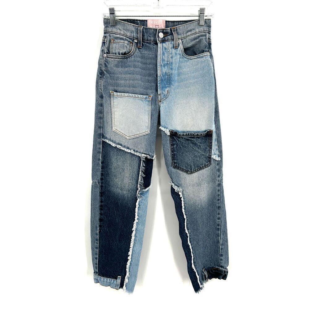 REVICE Matchmaker Patchwork High Rise Straight Leg Button Fly Blue Jeans Size 25